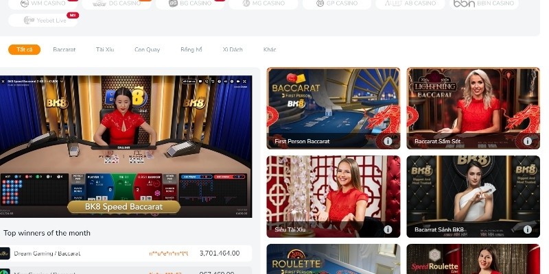 Giao diện casino hiển thị rõ các sảnh nổi bật và trò chơi thú vị